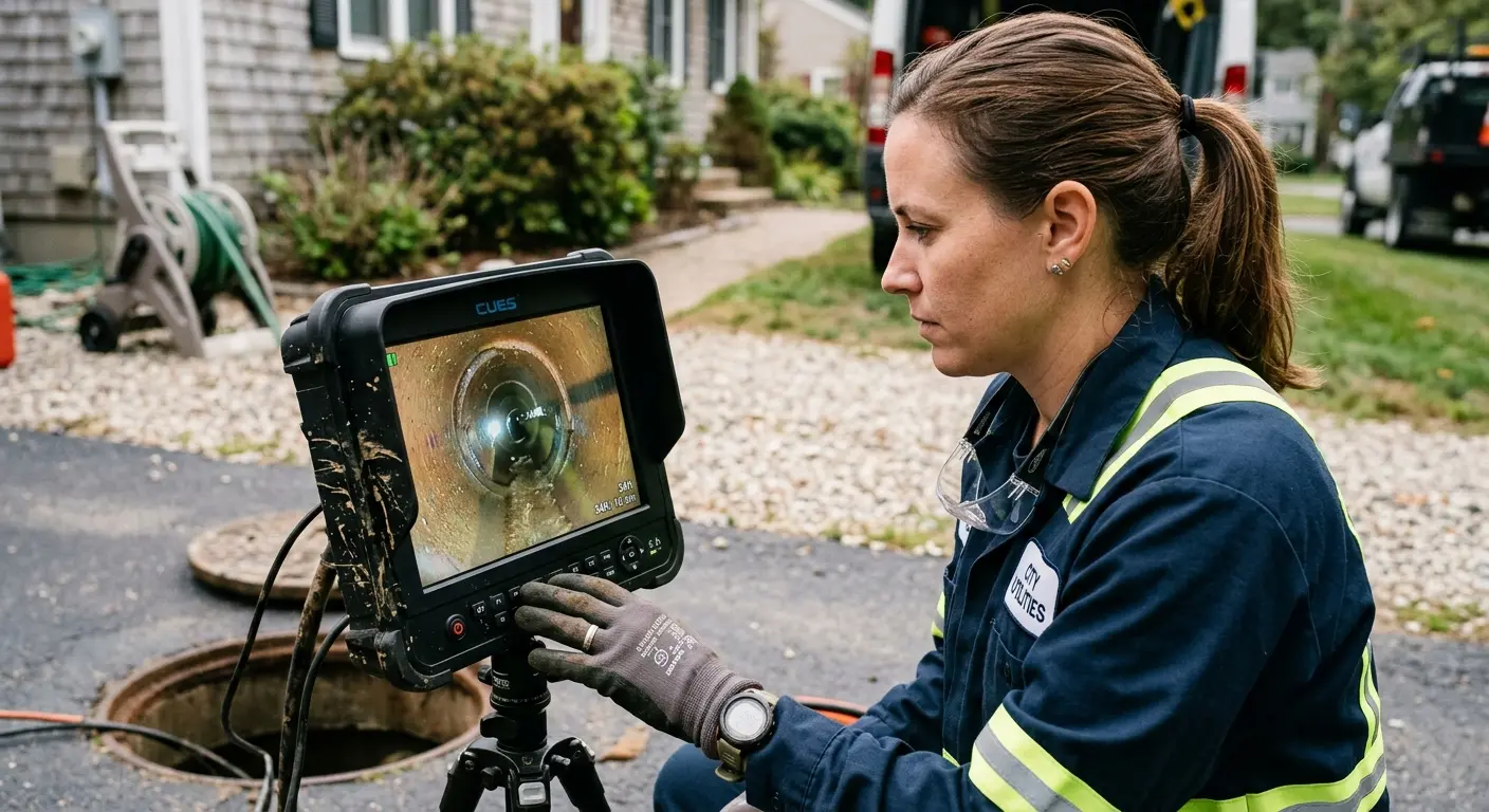 Technician reviewing sewer camera inspection footage in East Lake-Orient Park